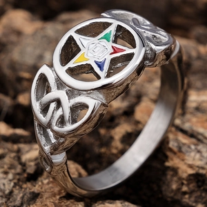 Nordic pentagram warrior ring in stainless steel with colorful enamel on rock background