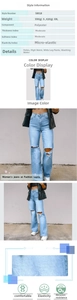 Vue détaillée du jean taille haute bleu clair à jambes larges avec genoux déchirés