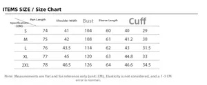 Detailed size chart for faux fur mid-length coat showing measurements from S to 2XL sizes