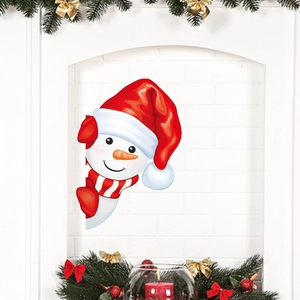 Festive snowman wall sticker with Santa hat and scarf on white fireplace scene