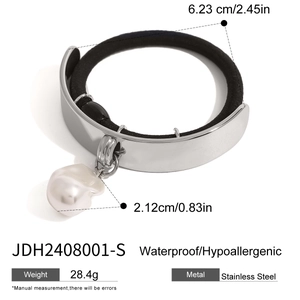 Stainless steel hair tie with white pearl pendant and silver metal detail on white base
