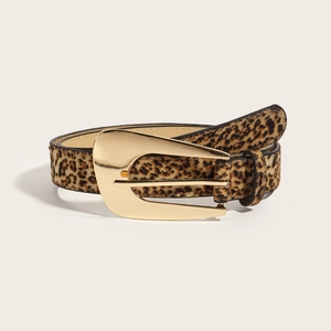 Women's leopard print leather belt with vintage golden metal buckle on beige background