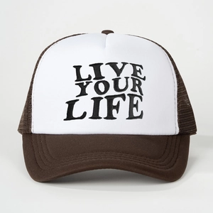 Classic brown and white trucker hat featuring Live Your Life embroidery and mesh back