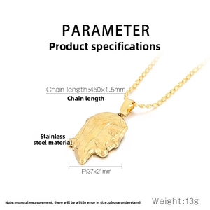 Detailed size specifications for 18K gold stainless steel Jesus pendant with bead chain