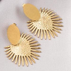 Elegant gold fan-shaped sunburst earrings with oval studs and vintage metallic texture