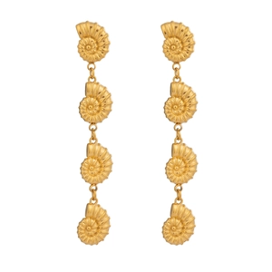 18K gold plated stainless steel long drop earrings featuring spiral seashell charms