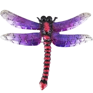 Detailed view of metal dragonfly wall decor with purple gradient wings and geometric patterns