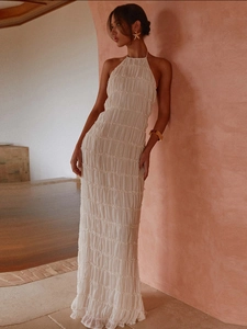 Halter Neck Maxi Dress Chiffon Pleated Texture Backless Sleeveless Sexy Vacation Party For Women Flowy Elegant Solid