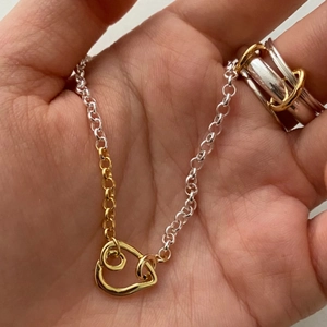 Minimalist S925 sterling silver heart pendant necklace with mixed gold and silver link chain