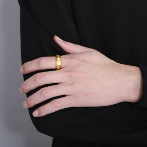 Men's 18k gold plated brushed stainless steel ring with geometric faceted design
