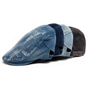 Distressed denim beret cap set with vintage ripped details in multiple washed blue colors