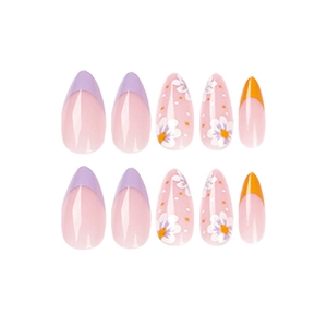 Purple French almond press-on nails with white daisy floral patterns on a pink base