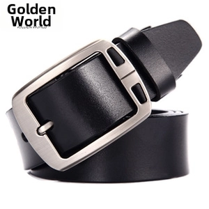 Macro detail of men's black leather belt featuring a matte silver brushed metal pin buckle