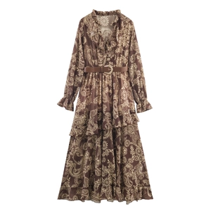 Paisley Print V Hals Chiffon Maxi Jurk Met Lange Mouwen En Riem Boheemse Gelaagde Ruches Vakantie Stijl Voor Dames