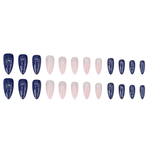 Press-on nails in starry blue and glitter gradient long almond shape 24pcs set