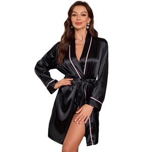 Elegant black silk satin long robe with pink piping trim and waist tie for women