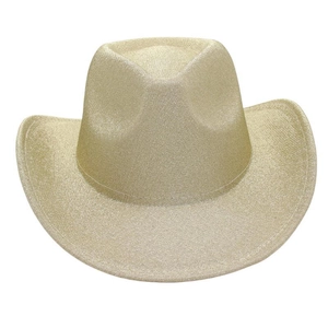 Detailed view of a glittery gold western cowboy hat with curved brim texture