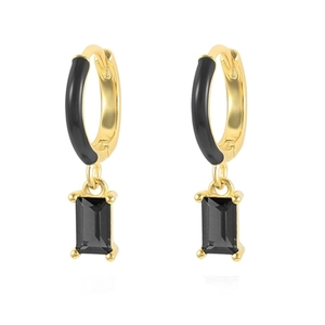 Elegant gold-tone hoop earrings with black enamel accents and rectangle drop stones