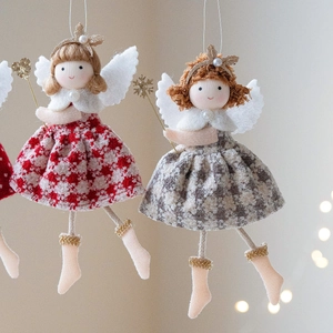 Pair of plush Christmas angel doll pendants with plaid skirts and golden crowns
