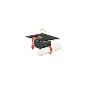 Golden graduation charm featuring a black mortarboard with red tassel and white scroll