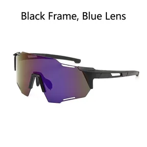 Lunettes de soleil de sport noires avec verres miroir bleus pour cyclisme et extérieur