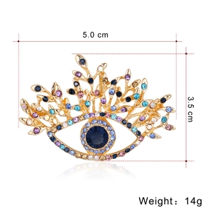 Retro evil eye brooch with colorful crystals on gold alloy frame, 5.0cm x 3.5cm