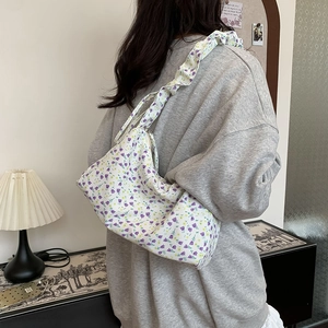 Floral Print Shoulder Underarm Bag Canvas Ruched Strap Drawstring French Pastoral Style Hobo Handbag For Women