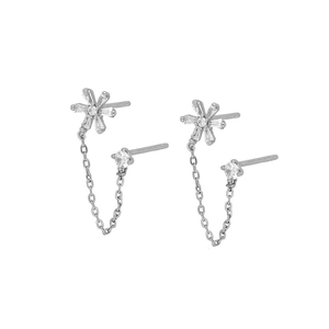 Minimalist S925 silver flower stud earrings with zircon stones and link chain detail