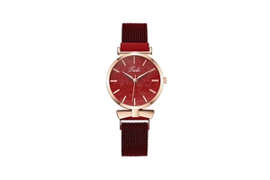 Detail of burgundy Milanese mesh strap and quartz watch face with leaf pattern