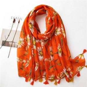 Daisy Floral Print Scarf Shawl Lightweight Polyester Voile Cotton Linen Feel Tassel Fringe Wrap For Women Retro Style