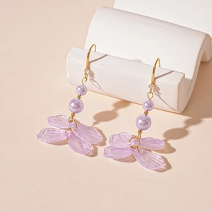 Elegant purple petal drop earrings with pearls and gold hooks for a vacation style