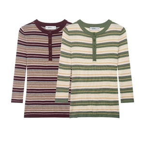 Women Striped Knit Top Long Sleeve Henley Neck Button Contrast Color Ribbed Slim Fit Sweater