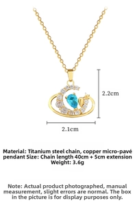 Titanium steel necklace with crescent moon pendant, blue zircon, and diamond accents