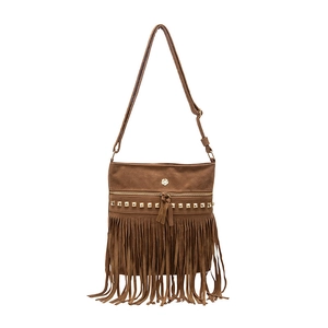 Brown faux suede crossbody bucket bag with decorative fringe and metallic rivets