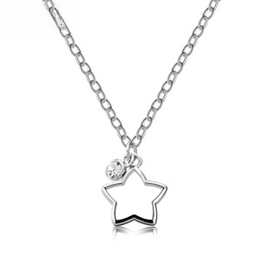 Detailed view of hollow star pendant necklace with small sparkling zircon on white base