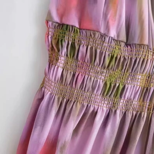 Tie-dye print waist sundress with ruched bodice and adjustable thin straps detail