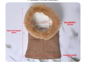 Detail view of brown knitted hood scarf with faux fur trim and dimensions for warmth