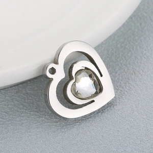 Polished titanium steel open heart necklace pendant with a sparkling inset crystal gem