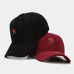 Corduroy baseball cap with rose embroidery in black and burgundy for outdoor sun protection