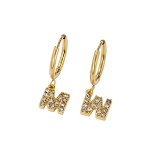 Elegant gold stainless steel hoop earrings with crystal-studded letter W pendant charms