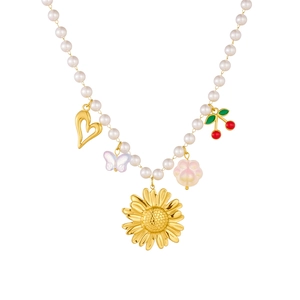 French style pearl necklace featuring gold sunflower, heart, and cherry charms on white backdrop