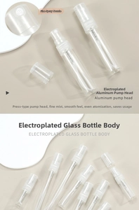 Detail view of electroplated glass perfume bottle with aluminum pump and fine mist sprayer