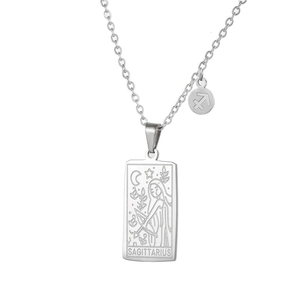Macro shot of stainless steel Sagittarius tarot pendant with zodiac symbol detail