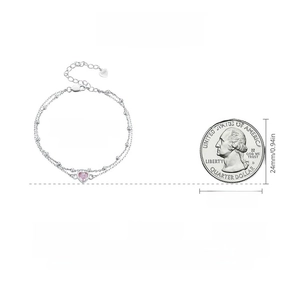 Size chart showing S925 sterling silver double layer heart bracelet measurement and 150+60mm length