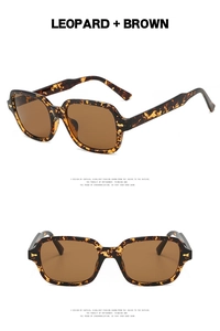 Detail of leopard print square sunglasses with brown lenses from multiple angles