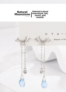 Detailed macro view of S999 silver butterfly earrings with moonstone tassels
