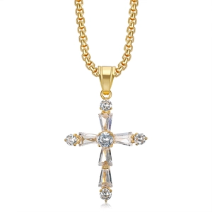 Gold plated stainless steel cross pendant necklace with sparkling AAA cubic zirconia