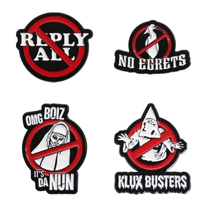 Set of four funny enamel pins with satirical text on white background in metal finish