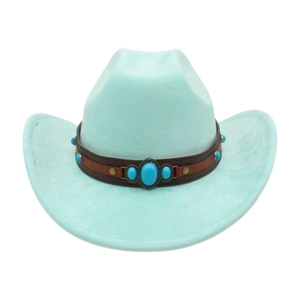 Detail of mint green western cowboy hat featuring turquoise stones and leather band