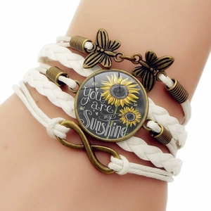 You Are My Sunshine white braided leather sunflower bracelet with bronze infinity charm